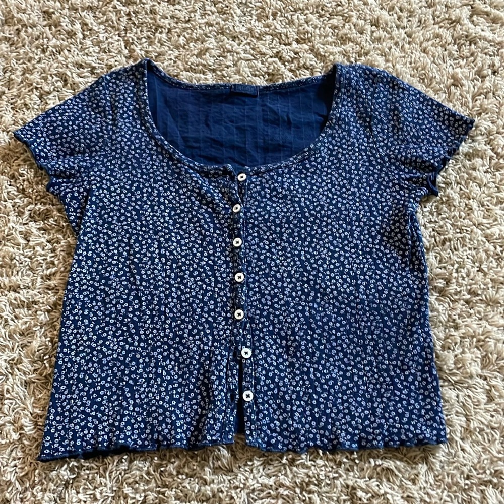 Brandy Melville Dark Blue Floral Pointelle Knit Button Up Baby Tee